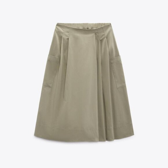 NWT Zara Poplin Culottes in Light Green Khaki Casual Midi Skort with Pockets